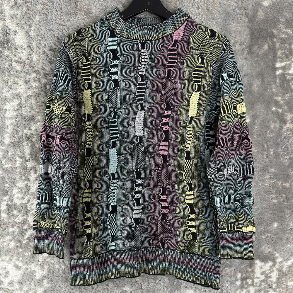 Reason Sz M 3D Textured Coogi Style Knit Pullover Sweater Multicolor Long Sleeve